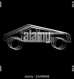 Cybertruck. Electric battery-powered light commercial vehicle with polygonal body style. Car silhouette made with whites line on black background. Sto Stock Vector
