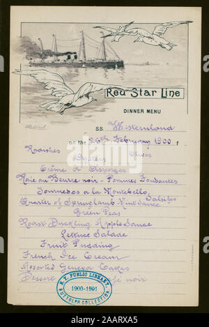 DINNER (held by) RED STAR LINE (at) SS WESTERNLAND (SS;) VIOLET SCRIPT PRINTING; DECORATIVE BORDER 1900-2149A; DINNER [held by] RED STAR LINE [at] S.S. WESTERNLAND (SS;) Stock Photo
