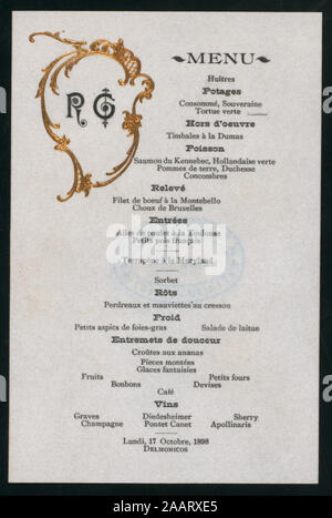 DINNER (held by) RG (at) DELMONICO'S, NEW YORK, NY (HOTEL) MENU IN FRENCH; WINES LISTED; DINNER [held by] RG [at] DELMONICO'S, NEW YORK, NY (HOTEL) Stock Photo