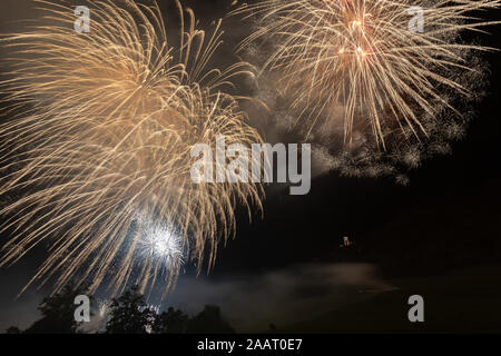 Rain of golden fireworks over trees silhouette Stock Photo