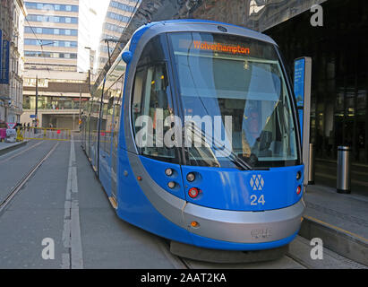 CAF Birmingham Blue Tram to Wolverhampton, in New Street Birmingham, West Midlands, England, UK Stock Photo