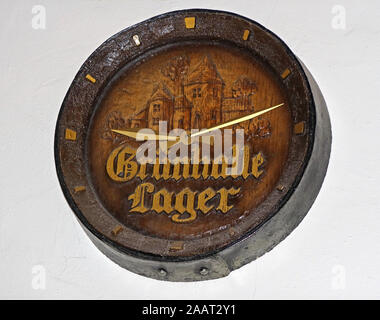 Grunhalle Lager wooden barrel cask clock, Greenalls Brewery, Wilderspool Causeway, Warrington, Cheshire, England, UK, WA4 6PT.