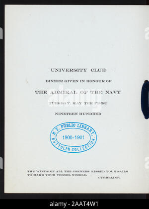 DINNER FOR THE ADMIRAL OF THE NAVY (held by) UNIVERSITY CLUB (at ...