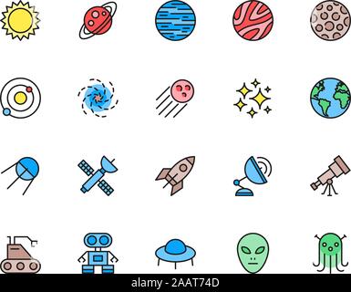 Set of Astronomy and Space Color Line Icons. Sun, Solar System, Galaxy and more. Stock Vector