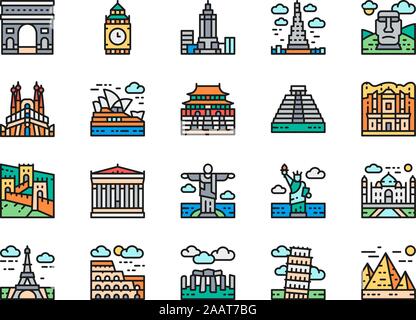 Set of Travel Locations Landmark Flat Color Line Icons. Egypt, Italy and more. Stock Vector