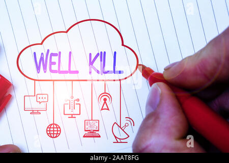 Writing note showing Well Kill. Business concept for operation of placing a column of heavy fluid into a well bore Stock Photo