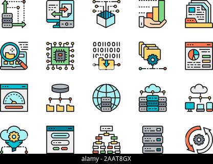 Set of Data Analysis Color Line Icons. Hosting, Program Algorithm, Database Stock Vector