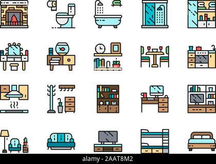 Set of Home Interior Color Line Icons. Fireplace, Toilet, Bathtub, Sofa and more Stock Vector