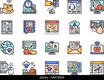 Set of Online Education Color Line Icons. Library, Certificate, Podcast and more Stock Vector