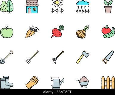 Set of Agriculture Color Line Icons. Fence, Field, Rake, Axe, Pitchfork and more Stock Vector