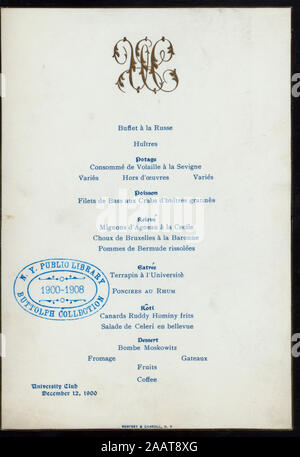 DINNER TO MEET CHARLES SCHWAB,PRESIDENT OF CARNEGIE STEEL CO) (held by) (JEDWARD SIMMONS) (at) UNIVERSITY CLUB (OTHER (PRIVATE CLUB);) SPONSOR AND EVENT HANDWRITTEN ON BACK IN PENCIL; FRENCH MENU; MONOGRAM; DINNER TO MEET CHARLES SCHWAB, PRESIDENT OF CARNEGIE STEEL CO.] [held by] [J.EDWARD SIMMONS?] [at] UNIVERSITY CLUB (OTHER (PRIVATE CLUB);) Stock Photo
