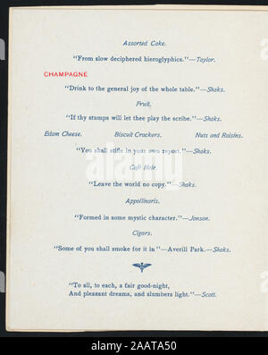 DINNER TO THE NEW YORK STATE STENOGRAPHERS' ASSOCIATION (held by) ALBANY MEMBERS OF THE NEW YORK STATE STENOGRAPHERS'ASSOCIATION (at) AVERILL PARK, NY WINES SERVED;EACH MENU ENTRY HAS A LITERARY QUOTE;NAMES LISTED; DINNER TO THE NEW YORK STATE STENOGRAPHERS' ASSOCIATION [held by] ALBANY MEMBERS OF THE NEW YORK STATE STENOGRAPHERS'ASSOCIATION [at] AVERILL PARK, NY Stock Photo