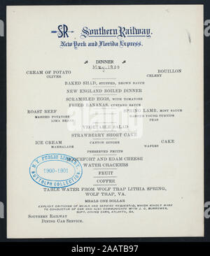DINNER; (held by) SOUTHERN RAILWAY; WASHINGTON AND SOUTHWESTERN LIMITED; (at) DINING CAR; (RR;) DATE: MAY, 1900 HAND-WRITTEN [FEB?];; DINNER; [held by] SOUTHERN RAILWAY; WASHINGTON AND SOUTHWESTERN LIMITED; [at] DINING CAR; (RR;) Stock Photo