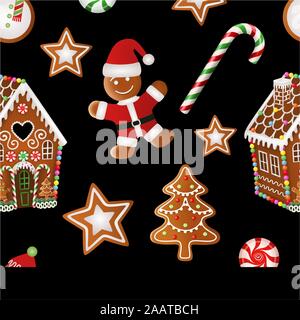 seamless christmas pattern with gingerbread and christmas candies Stock Vector