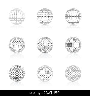 Set black sphere with halftone fill and mirror reflection, isolated on white background, vector illustration. Stock Vector
