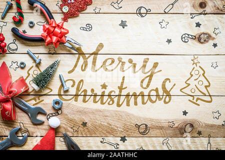Merry Christmas and Happy new year handy tools gift background concept. Flat lay top view. Stock Photo