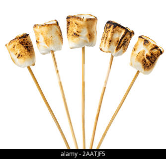toasted marshmallows on wooden skewers isolated on white background Stock Photo