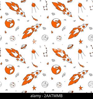 Space seamless pattern. Hand drawn cosmic objects with orange details on white background. Vector illustartion. Stock Vector