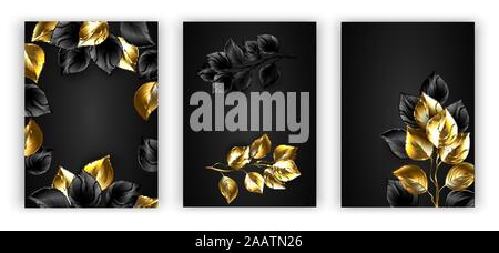 Collection of designs from jewelry, black and gold twigs on black background. Golden leaves. Stock Vector