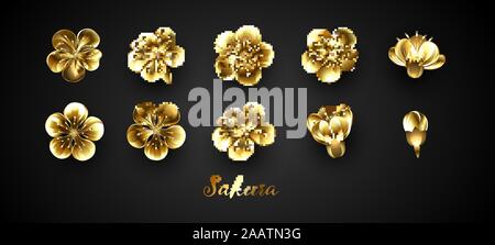 Set of golden sakura flowers. Design of realistic, voluminous, metal, gold, jewelry, isolated flowers of Japanese cherry on black background. Stock Vector