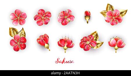 Set of realistic, jewelry, shiny sakura flowers with red petals and gold stamens on white background. Stock Vector