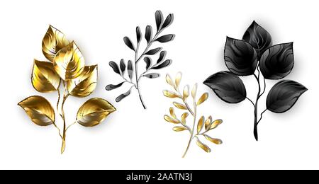 Collection of isolated, decorative twigs made of shiny, black and gold foil on white background. Stock Vector