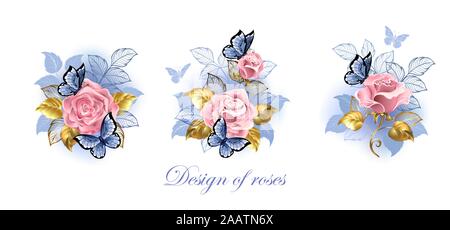 Three small bouquets of pink roses with gold jewelry leaves with blue butterflies on white background. Stock Vector