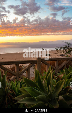 Sunset overlook of Santa Monica Beach in Los Angeles, California. Stock Photo