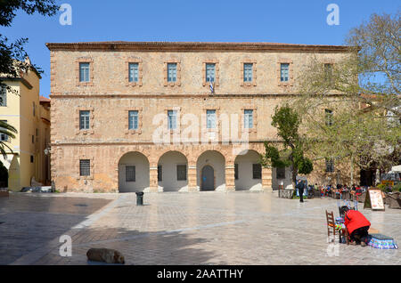 Syntagma square, the historical square of Nafplio surrouned by old beautiful neoclassical buildings around the famous square,Greece Stock Photo