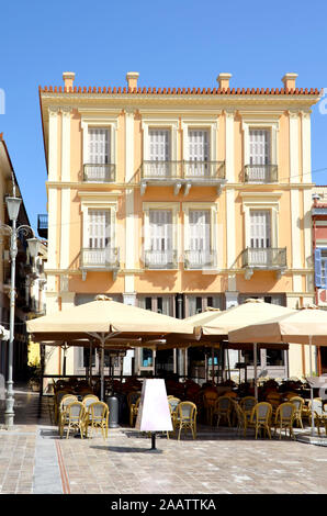 Syntagma square, the historical square of Nafplio surrouned by old beautiful neoclassical buildings around the famous square,Greece Stock Photo