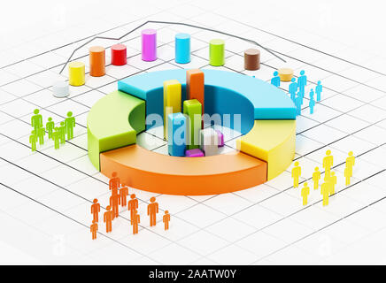 Colored people silhouettes around charts. 3D illustration. Stock Photo