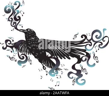 Stylized crow with music notes surrounded by black smoke. Stock Vector