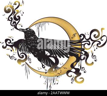 Stylized crow with music notes surrounded by black smoke. Stock Vector