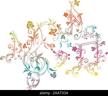 Set of music notes with floral elements on white background. Stock Vector