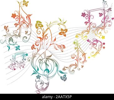 Set of music notes with floral elements on white background. Stock Vector