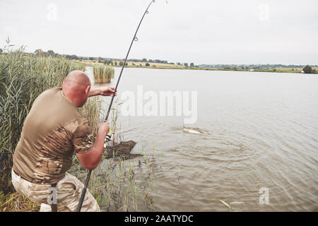 The fisherman caught a big fish of the carp and pulled it to the shore. Hunting and hobby sport Stock Photo