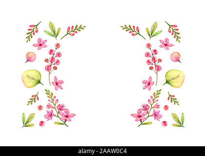 Watercolor small flowers, leaves and branches arranged in round frame. Cute floral illustration isolated on white. hand drawn floral background for Stock Photo