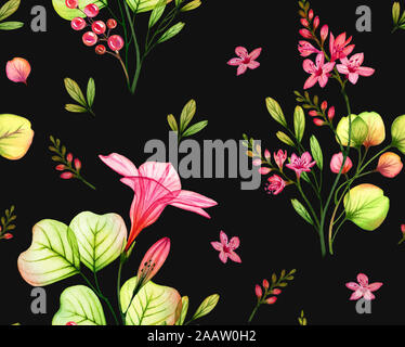 Seamless tropical watercolor pattern. Freesia and hibiscus flowers and leaves on black background. Colourful botanical illustration for wedding Stock Photo