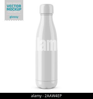 White glossy steel water bottle vector mockup. Stock Vector
