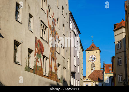 Exterior of Goliathhaus and Town Hall Tower at Regensburg, Upper Palatinate, Bavaria, Germany Stock Photo