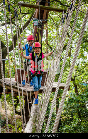 Boy and girl on a high rope course in forest Stock Photo