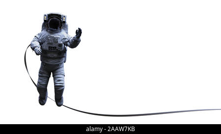 astronaut with safety tether waving during spacewalk, isolated on white background Stock Photo