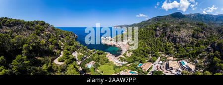 Spain, Balearic Islands, Mallorca, Cala Deia, Aerail view of bay Stock Photo