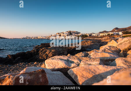 Chora, Naxos Capital as seen from the promenade during sunset Stock Photo