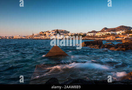 Chora, Naxos Capital as seen from the promenade during sunset Stock Photo