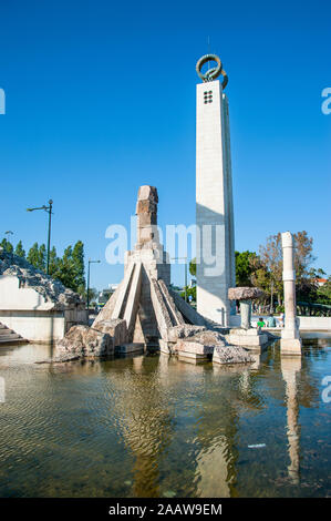 25th April Monument fountain in Edward VII park at Lisbon, Portugal Stock Photo