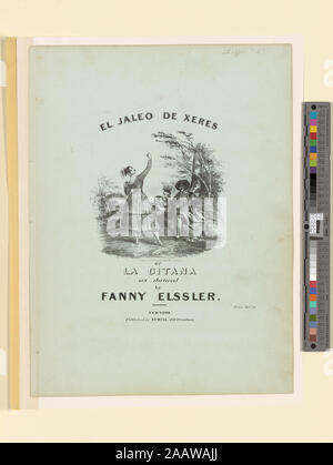El jaleo de Xeres or La gitana, as danced by Fanny Elssler Full-length, back view, Elssler looking over right shoulder, man playing a guitar at right, woman lying on ground, trees and bushes in background.; El jaleo de Xeres or La gitana, as danced by Fanny Elssler. Stock Photo