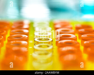 Close-up of samples in vials for analytical testing at laboratory Stock Photo