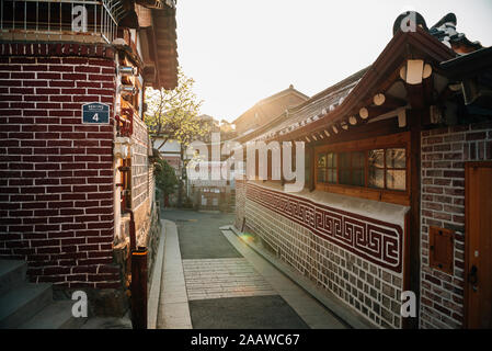 Traditional houses in Bukchon Hanok Village at sunrise, Seoul, South Korea Stock Photo