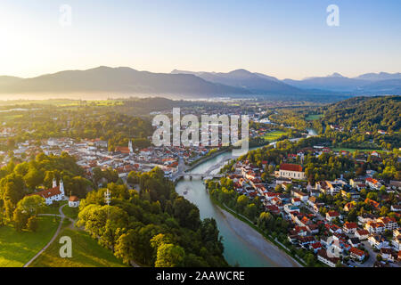 Aerial view of Bad Toelz against clear sky during sunrise, Bavaria, Germany Stock Photo
